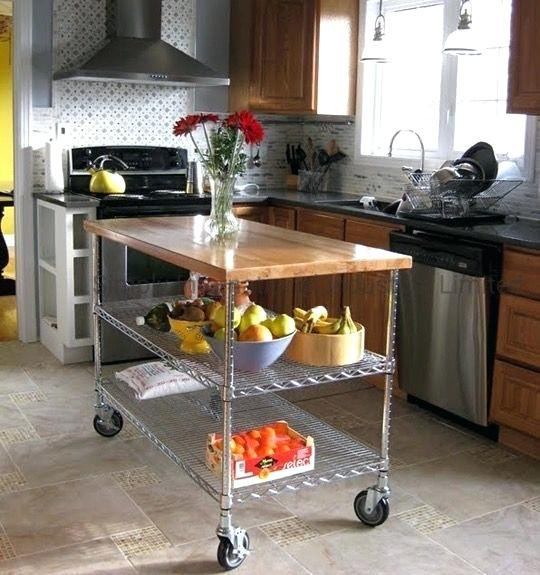 Kitchen Open Plan Storage Solution Wooden Top Steel Wire Shelving Cart